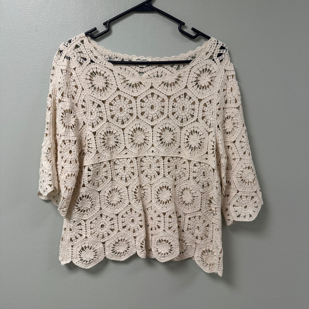 Ultra Pink Women Beige Cotton Crochet Boho Lace Top 3/4 Sleeve Size M